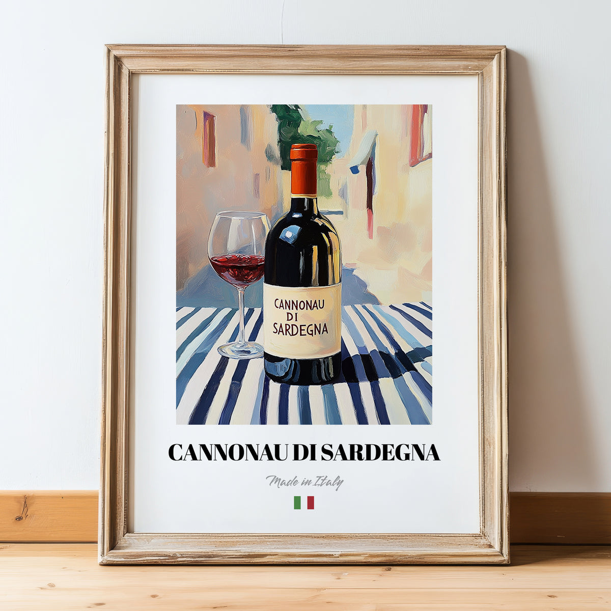 Cannonau di Sardegna – Italian Red Wine, Wine Bar Poster, in wooden frame leaning on the floor