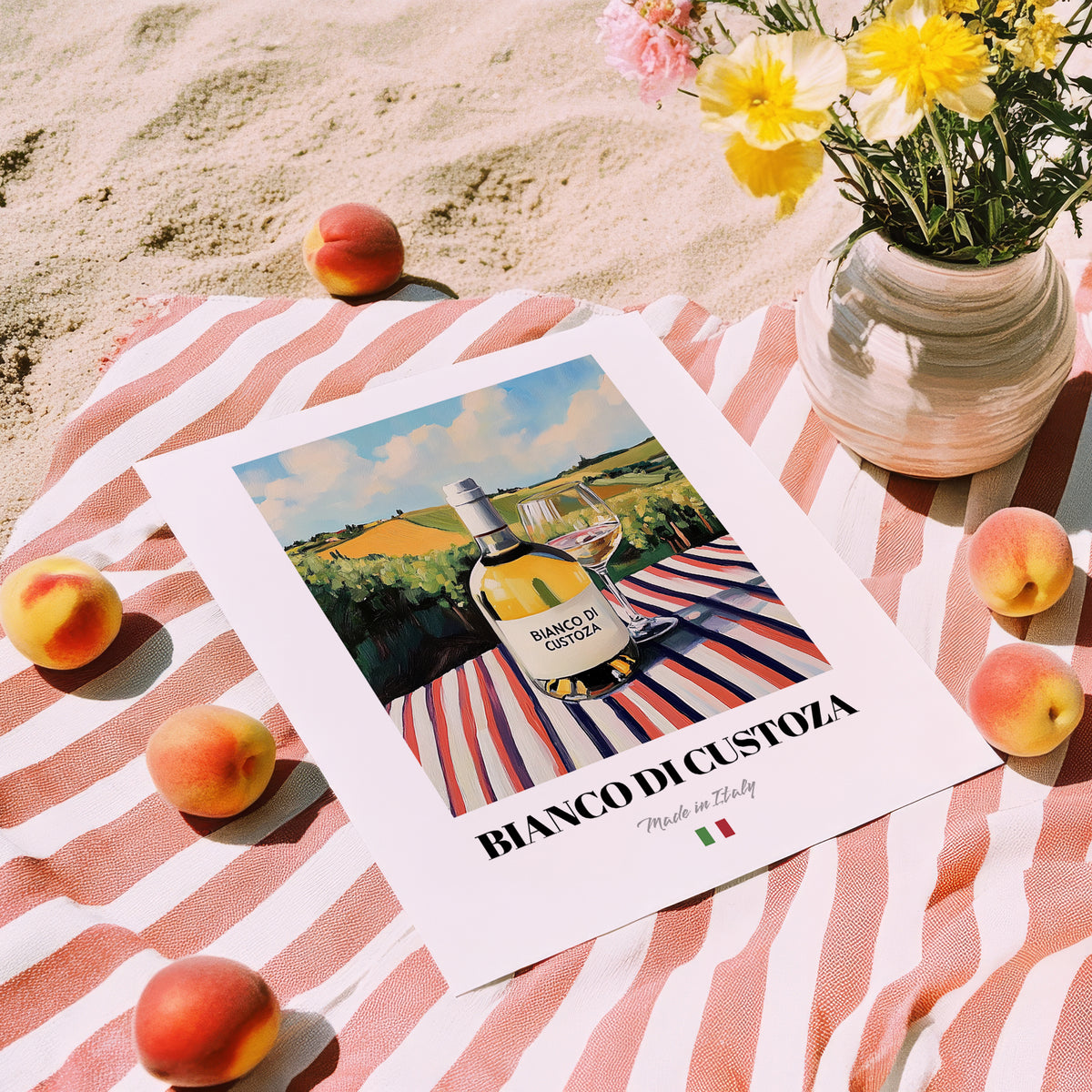 Bianco di Custoza – Italian White Wine, Vinoteca Wall Art, unframed on coastal sand